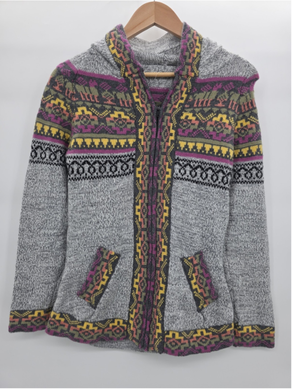 Peruvian Style Alpaca Hooded Sweater Llama Fair Isle Zip Cardigan Purple Artsy